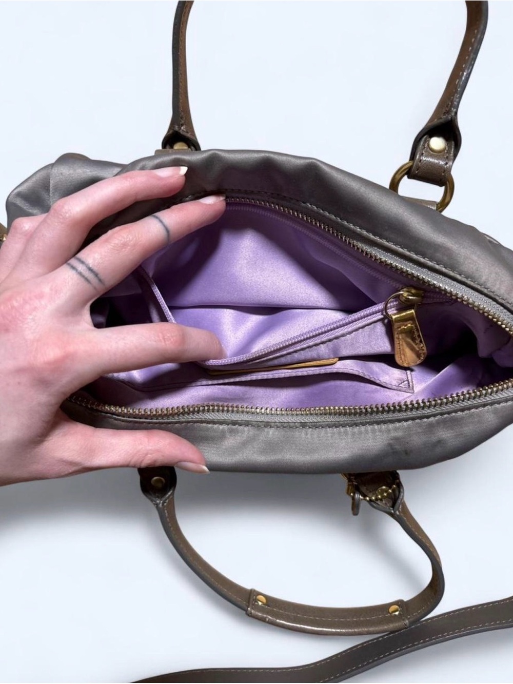 Coach Satin Purple Shoulder Bag with Brown Leather Trim - Picture 6 of 8